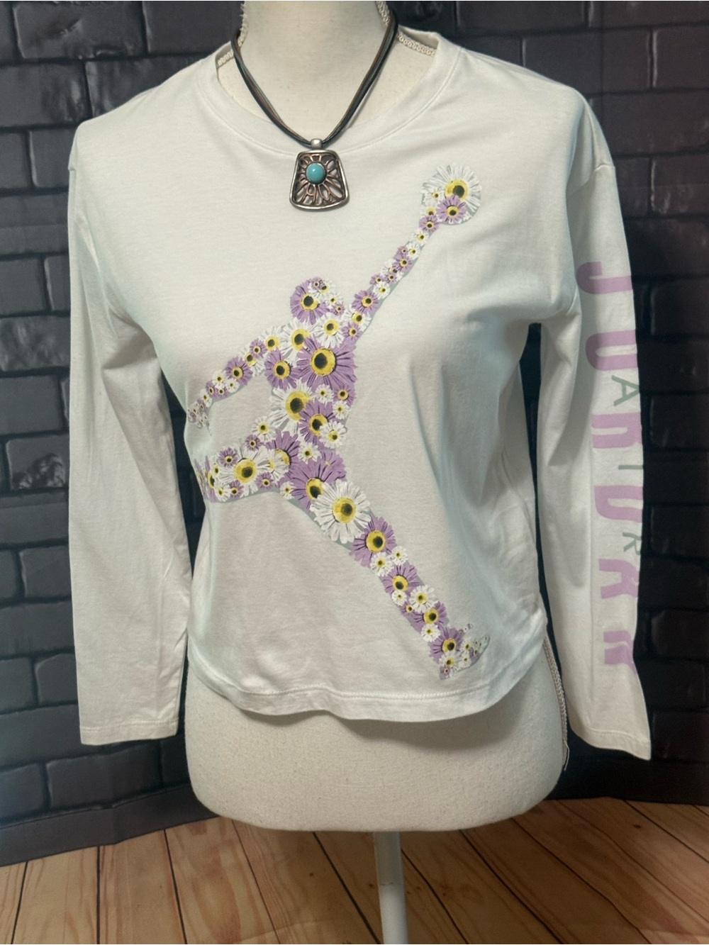 Jordan White Long-Sleeve Tee with Lavender & Yellow Daisy Jumpman
